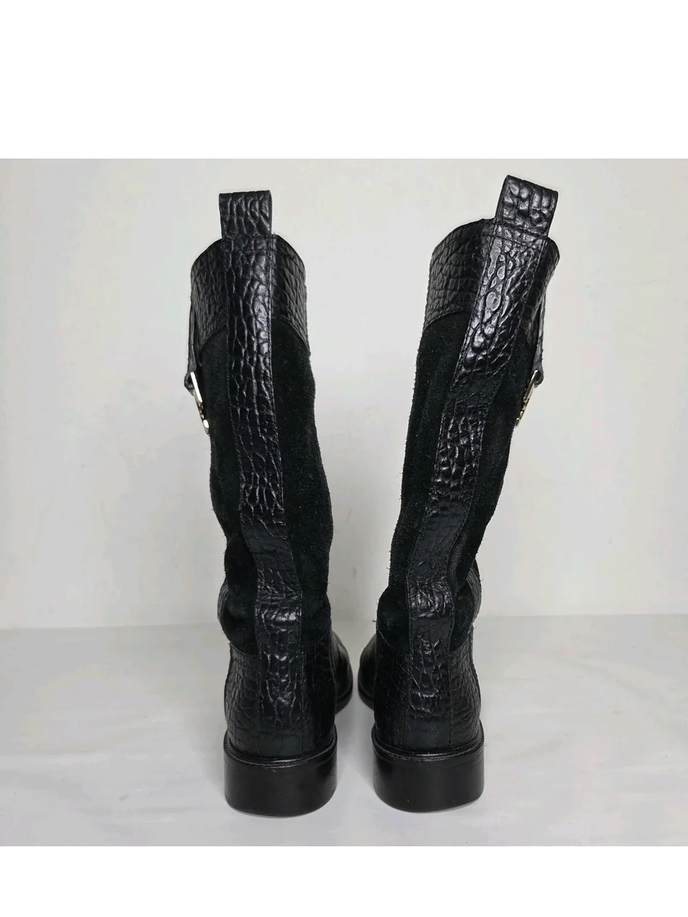 Tory Burch Corey Mid Calf Boots Womens 7 M Leather Black Logo Riding Equestrian